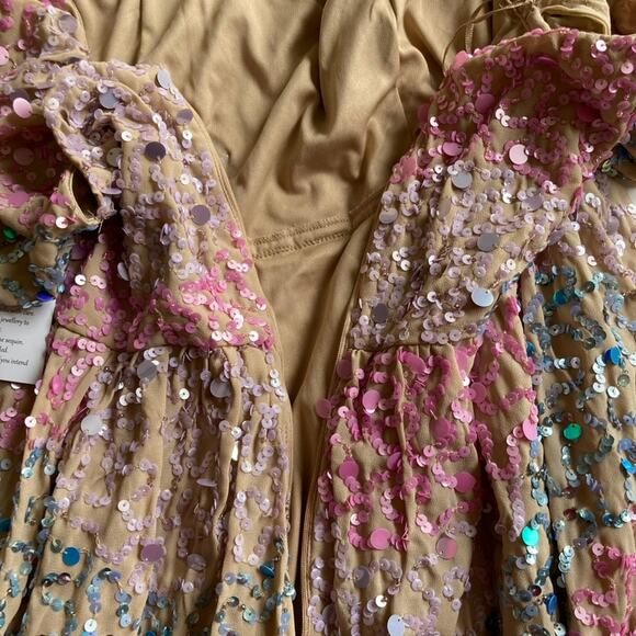 Maya Deluxe NEW Puff Sleeve Sequin Embellished Mini Dress - Gold Multi - 6 - Picture 7 of 10